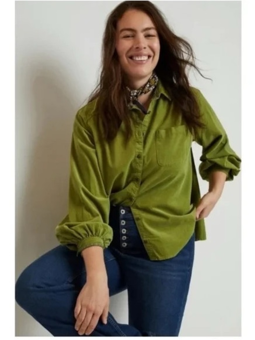 Anthropologie Pilcro Sigourney Corduroy Button Down Shirt Green Cotton - Picture 7 of 12